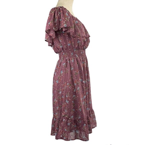 Peacocks Floral Smocked Ruffle Sleeve Midi Dress - Mauve, Size UK:12/US:8 - Picture 7 of 9